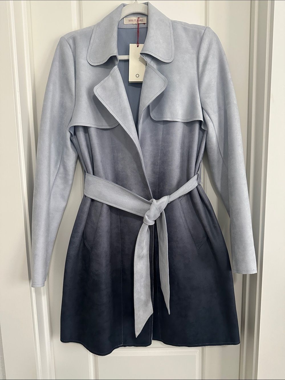 Solitaire Ombre Faux Suede Trench Coat - Light Blue to Navy